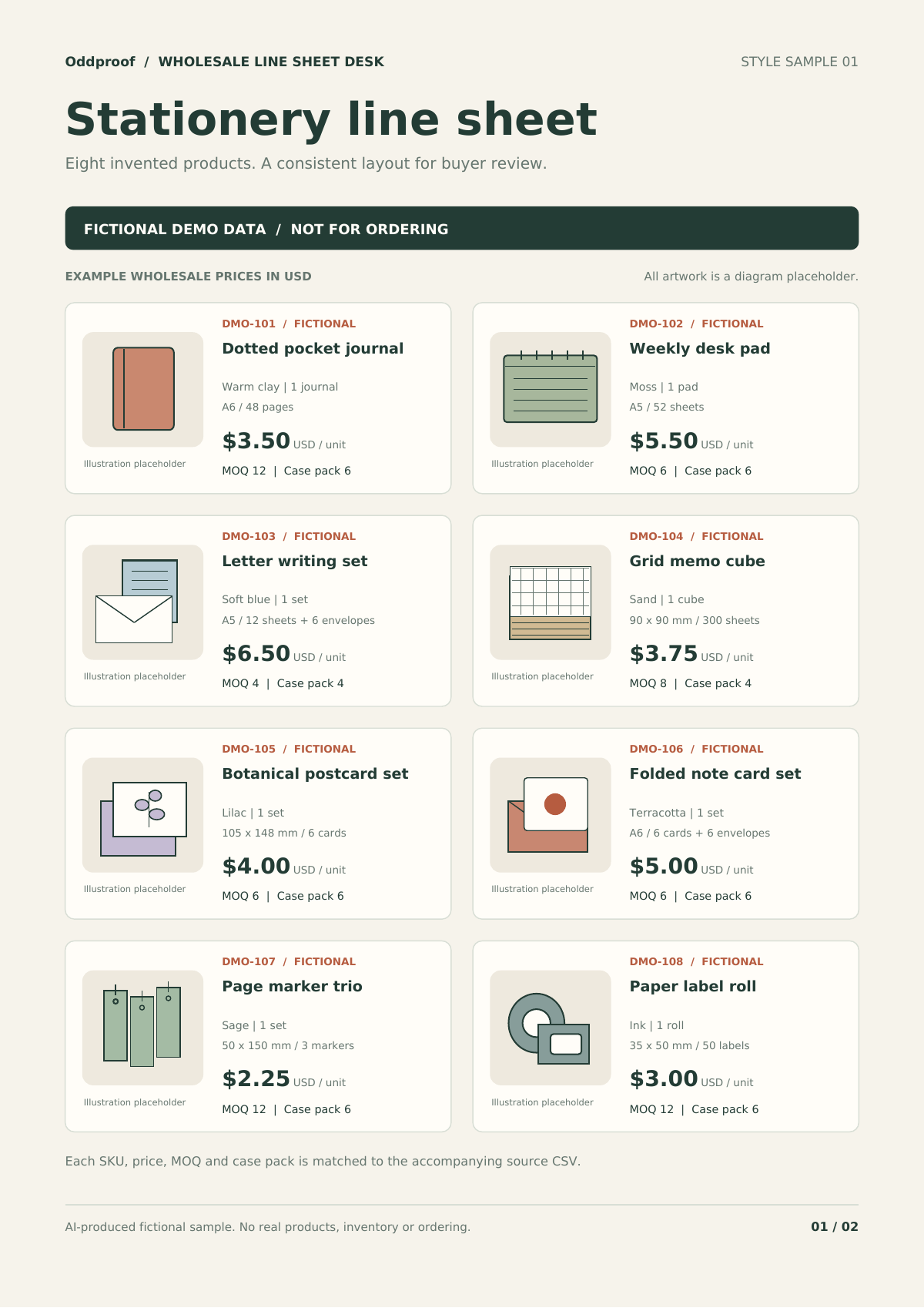 Sample stationery line sheet with eight fictional products and source-matched wholesale facts.
