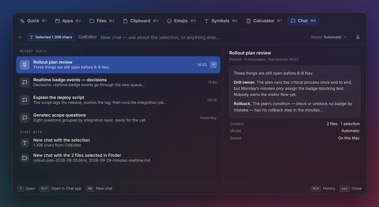 The Gelim launcher over another app, with the selection attached to a one-line question